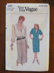 8907 VOGUE LOOSE WRAP COLLAR BLOUSE, MOCK WRAP SKIRT LENGTHS PATTERN 8-10